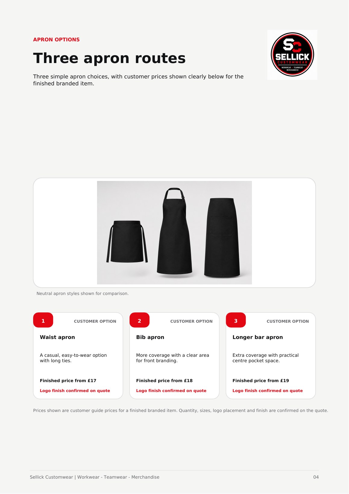 Three hospitality apron options