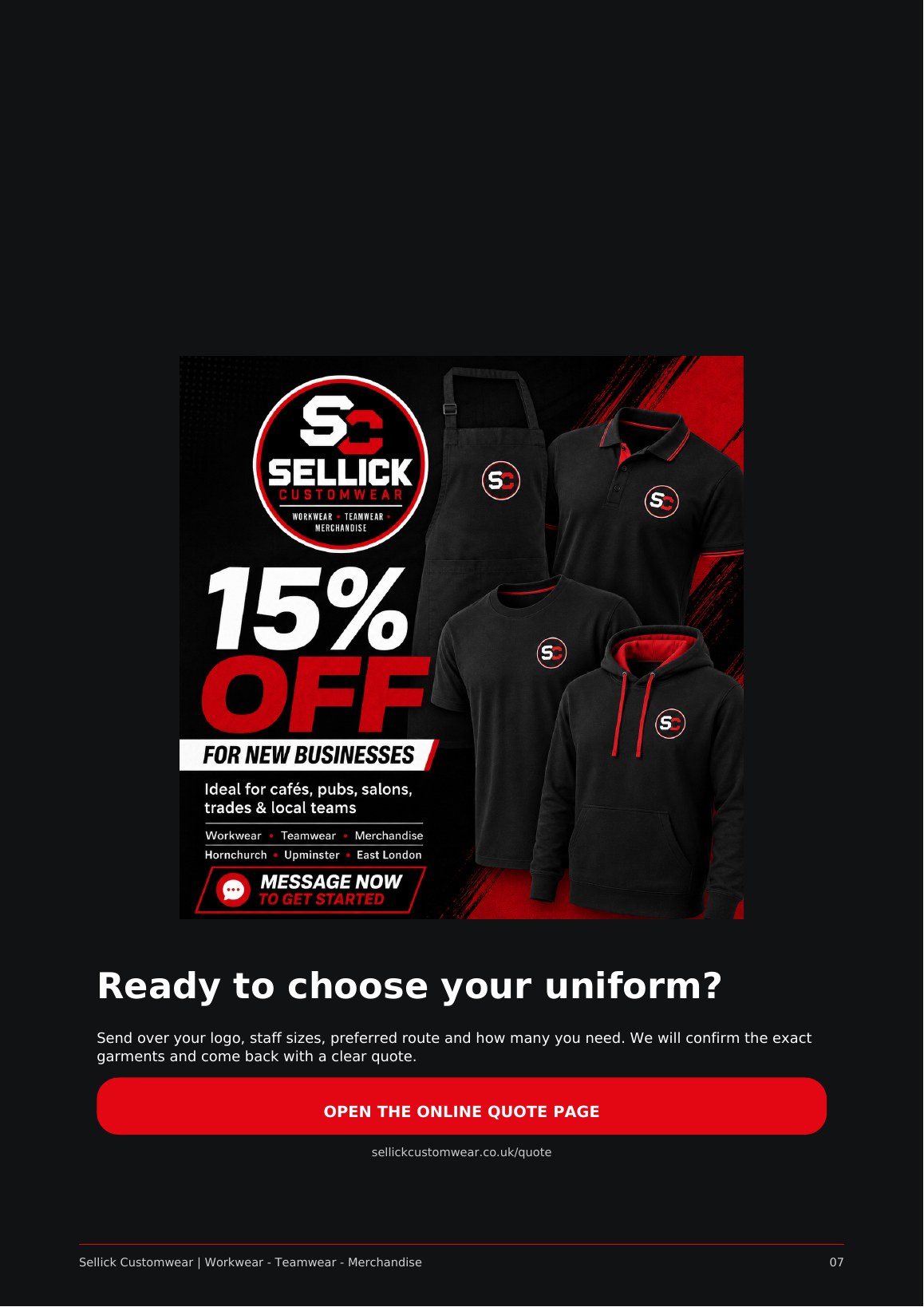 Sellick Customwear hospitality quote page